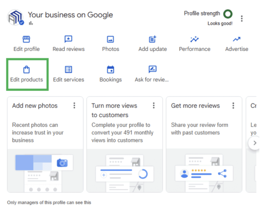 A screenshot of a Google Business Profile showcasing where to edit products. 
